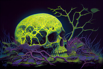 Slime mold fungus growing across a human skull in the underbrush. Illustration. 