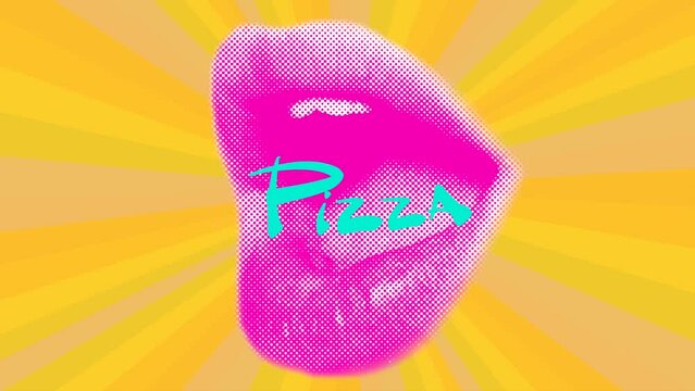 Animation poster female lips and the inscription pizza on a yellow background in the style of pop art