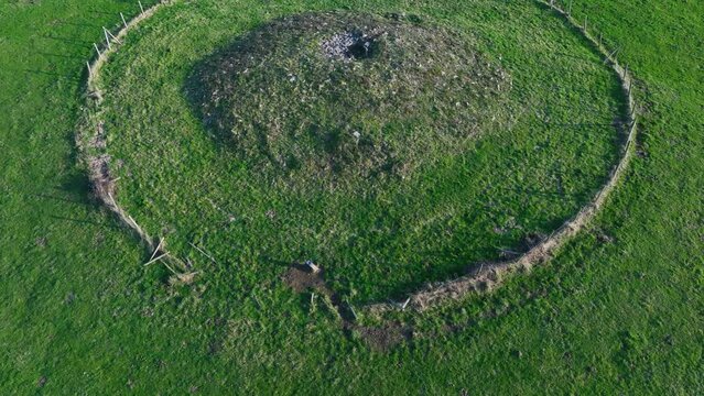 Tumulo megalithic monument in Valle de Carranza. Aerial view from a drone. Arma&ntilde;&oacute;n Natural Park. Valley of Carranza. Biscay. Basque Country. Spain. Europe