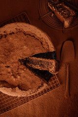 Cocoa dusted cake gateaux. Vegan cocoa chocolate cake close up view on cocoa dusted table. Food art concept.
