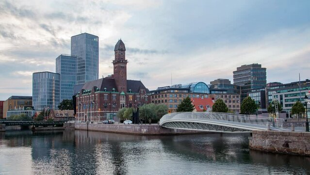 Malmo old and modern famous place cityscape landmarks panorama timelapse