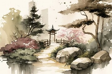 Chinese ink landscape painting created digitally Japan traditional sumi-e painting. Indian ink illustration. Japanese picture. Sakura and mountains background