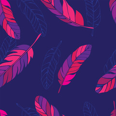 Seamless vector pattern with bright colour feathers on dark blue background