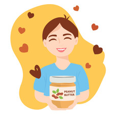 Smiling boy with a peanut buttter bottle jar. Vector Illustration for National Peanut Butter Lovers Day on hearts background.