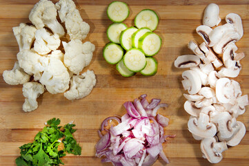 Raw ingredients. Ready to be cooked. Recipe for chiken stew, European cuisine, cooked with a garnish of mushrooms, small onions and ohter.