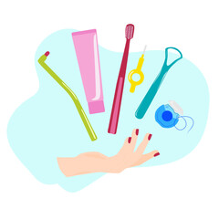 A hand and toothbrush, dental floss, interdental brush, toothpaste and tongue scraper. Dental hygiene, whitening and treatment, flat vector illustration isolated on blue background.