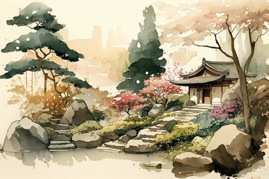 Chinese ink landscape painting created digitally Japan traditional sumi-e painting. Indian ink illustration. Japanese picture. Sakura and mountains background