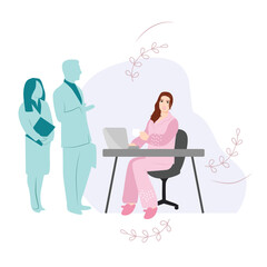 Wear Pajamas to Work Day. Woman in pajamas working on laptop. Office workers in good mood. April event. Vector illustration.  Cartoon business people in office.