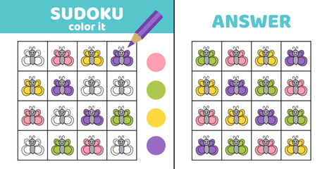 Sudoku. Smiling butterfly. Coloring sudoku with butterflies. Cartoon