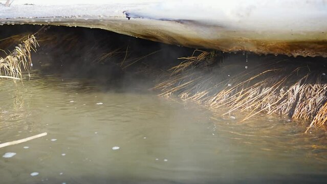 Melting ice on a cold river in early spring season. Beautiful nature scene with snow, ice and rapid river water close-up. Spring coming, global warming, season changing concept. 