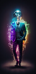 A huge light bulb wearing a suit, colorful lighting. Generative AI.
