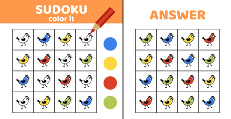 Sudoku. Bird. Coloring sudoku with birds. Nestling. Cartoon