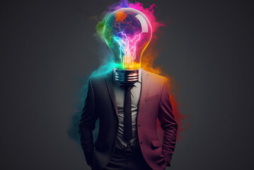 A huge light bulb wearing a suit, colorful lighting. Generative AI.