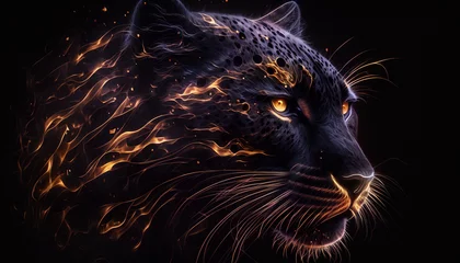 Foto op Plexiglas The head of a black jaguar on a dark background. Abstract intricate fire and sparks. Yellow eyes. Digital drawing of a wild beast. Concept art. Image generated by AI. © Andrey Shtepa