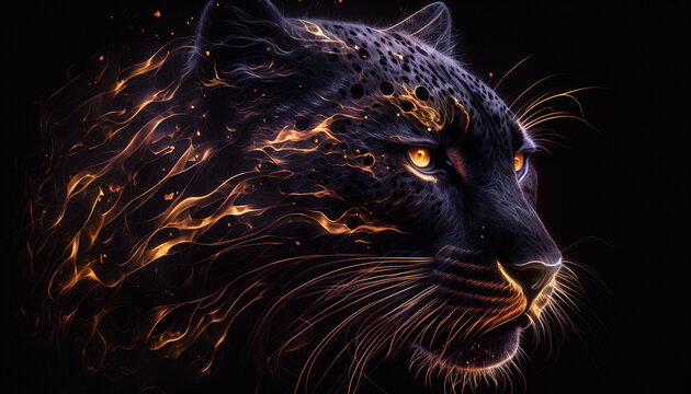 The head of a black jaguar on a dark background. Abstract intricate fire and sparks. Yellow eyes. Digital drawing of a wild beast. Concept art. Image generated by AI.