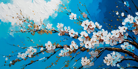 Cherry sakura blossom painting. Acrylic paint palette knife impasto technique. Spring blooming cherry branches on sunny blue sky white clouds illustration © LuckyStep