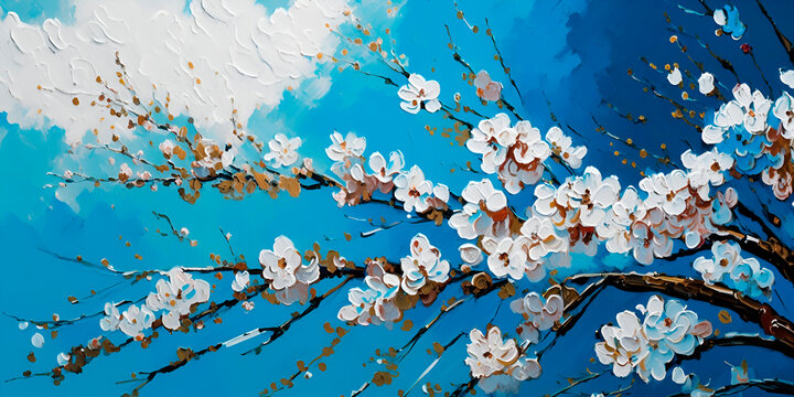 Cherry sakura blossom painting. Acrylic paint palette knife impasto technique. Spring blooming cherry branches on sunny blue sky white clouds illustration