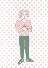 スマートフォンを操作している女性の手描きイラスト