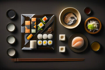 Sushi ingrediente, tools, equipment knolling background, generative ai