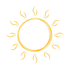 Cute hand drawn sun drawing. Yellow sun drawing. Doodle sun on white background. Vector illustration