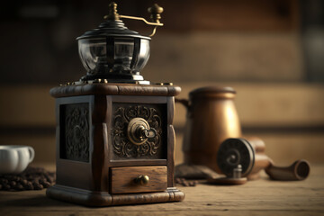Fototapeta na wymiar old coffee grinder in a kitchen background, small kitchen appliances, home and restaurant, generative ai