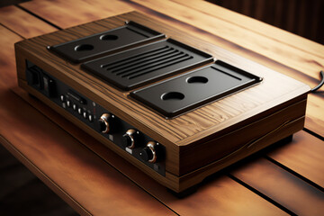 Obraz premium electric teppanyaki in a wooden table in a kitchen background, small kitchen appliances, home and restaurant, generative ai