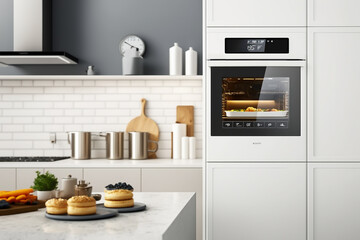Small appliances technologies in a white  modern kitchen, small kitchen appliances, home and restaurant, generative ai