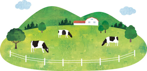 芝生の牧場と山と牛の挿絵的な景色 - obrazy, fototapety, plakaty