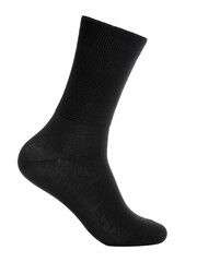 Long black cotton sock on foot mannequin isolated on a white background