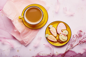 Pastel Easter background - cute glazed cookies and coffee flat lay. Spring card with baked symbols of Easter on pink background.