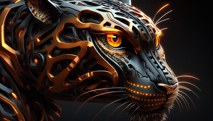 The head of the robot leopard in close-up. Yellow eyes. High-tech elements. Sci-fi art. Dark background. AI generative image.