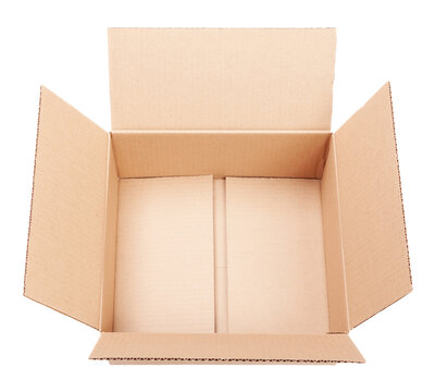 Open empty cardboard box isolated on white background