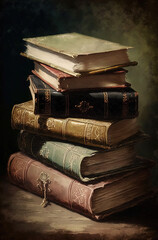 Stack of books, oil painting style, neutral tones, victorian era. Generative AI.