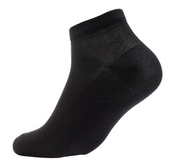 Black cotton-blend low cut ankle sock on foot mannequin isolated on a white background