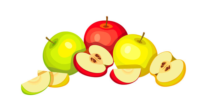 Vector illustration of a composition of delicious apples in a cartoon style. Vector illustration of fresh red, green and yellow whole and sliced ​​apples isolated on white background.