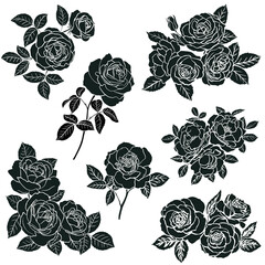 Black silhouette of rose isolated on white background. Vector illustration.