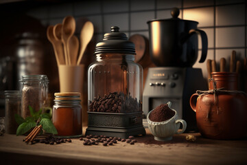 Jars of spices in a kitchen bacground, wooden table, generative ai