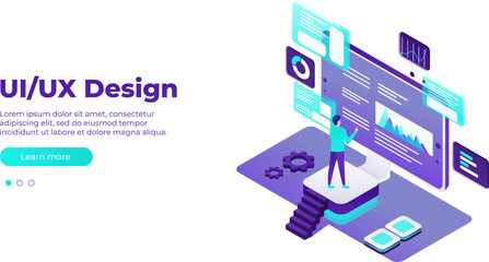 UI/UX design concept. Banner vector isometric illustration, ui concept for your website. Data analysis, management, SEO, online shopping and startup business. PNG image