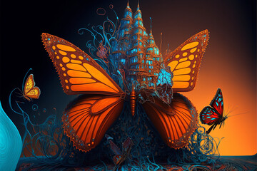 Fototapeta na wymiar a close up of a butterfly with a castle in the background. generative ai.
