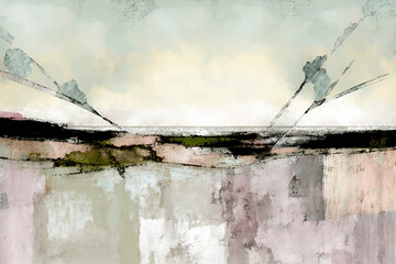 Abstract landscape, neutral spring pastel colors, acrylic cracked texture. Generative AI.