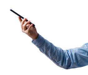 Business man hand holding smartphone. Mobile phone in male hands on isolated. Business and Technology concept. png transparent.