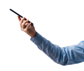 Business man hand holding smartphone. Mobile phone in male hands on isolated. Business and Technology concept. png transparent.