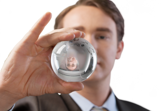 Young business man in suit holding globe isolated on white background - Powered by Adobe