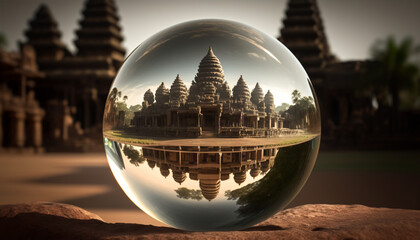 Landscape of Angkor Wat in clear crystal ball. Generative AI