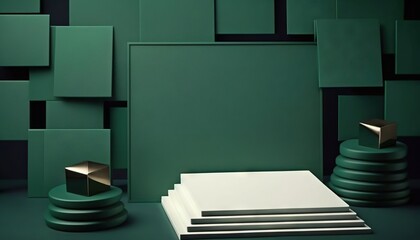  a green room with a white table and a gold object on the floor and a green wall behind it and a white table with a gold object on the floor.  generative ai