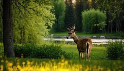  a deer standing in the middle of a lush green field next to a forest filled with yellow wildflowers and a lake in the background.  generative ai