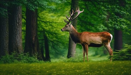Naklejka na ściany i meble a deer standing in the middle of a forest with tall grass and trees in front of it, with a green background and a single deer standing in the foreground. generative ai