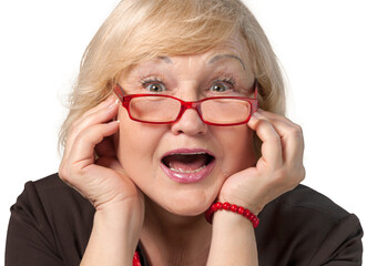 Shocked Old Woman with Head Resting on Hands - Isolated