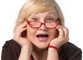 Shocked Old Woman with Head Resting on Hands - Isolated