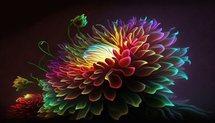  a computer generated image of a flower with many colors and petals on it's petals are multicolored, and the petals are red, green, yellow, red, and blue, and yellow.  generative ai